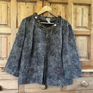 Chico's 3 (US XL / 16)‎ Brown Tan Blazer / Jacket Beaded 3/4 Sleeve Hook Front
